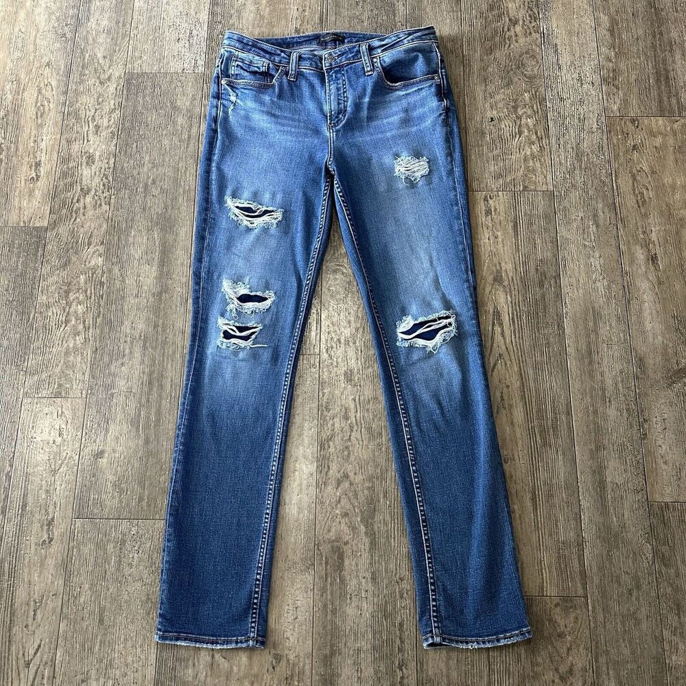 Silver Jeans Co BEAU Womens Size 30 Blue Mid Rise Distressed Denim Pants 31x31